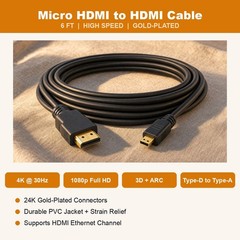 6FT Micro HDMI Type D to HDMI Cable 4K Cord for Tablet Laptop Lenovo Yoga ASUS