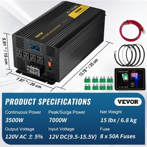 VEVOR Pure Sine Inverter 3500W 12V to 120V DC/AC Overheating Protection