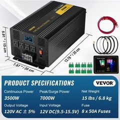VEVOR Pure Sine Inverter 3500W 12V to 120V DC/AC Overheating Protection