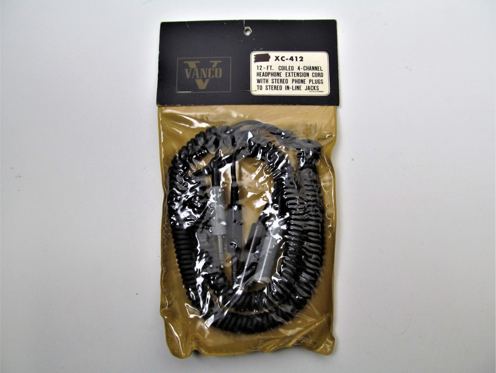 Vanco Headphone Extension Cord 12 ft Coiled 4-Channel Plugs to Jacks Vintage NOS
