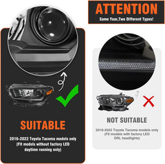 For 2016-2022 Toyota Tacoma Headlight Assembly Black Housing Amber Reflector – C