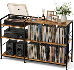 Vinyl Record Player Stand with Storage, Power Outlet, Rustic Brown Finish