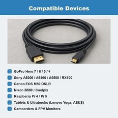 Micro HDMI to HDMI Cable 6FT 4K HD Cord for GoPro Sony Canon Nikon Camera Pi