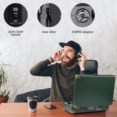 Vintage Dark Green Bluetooth Record Player – Portable 3-Speed Suitcase Turntable