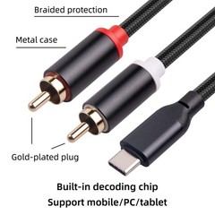 USB Type-C to 2 RCA Male Stereo Audio Cable USB-C Jack Converter Adapter Android