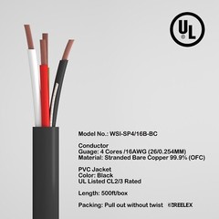 16AWG Speaker Wire 16 Gauge Oxygen-Free OFC UL CL2/3 Rated Cable 500FT 2/16 4/16