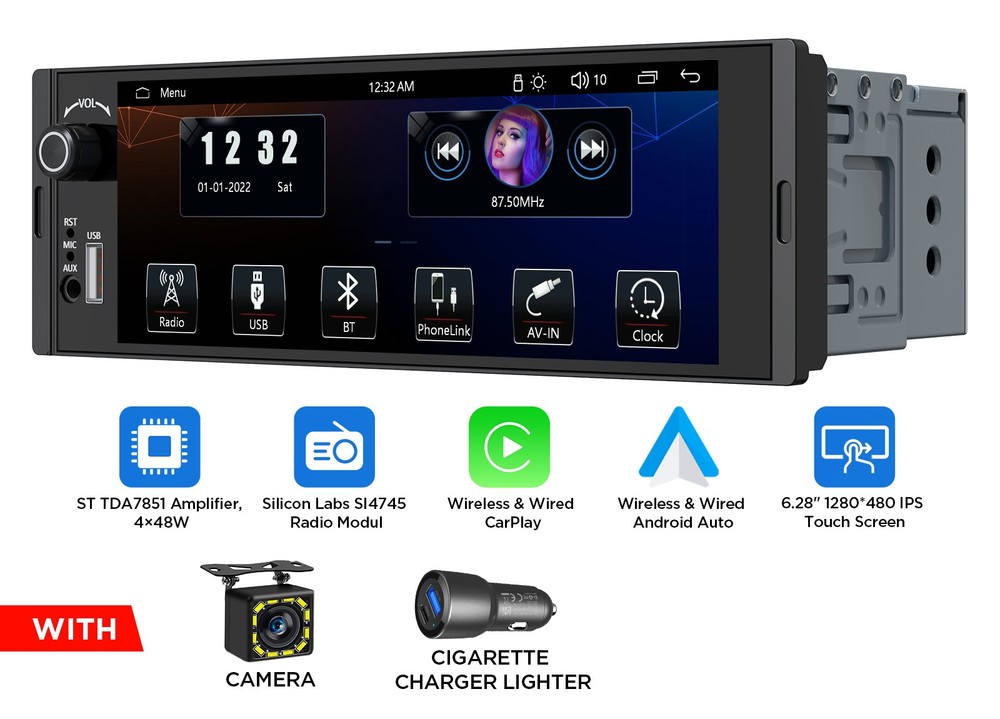 Single 1DIN 6.28″ IPS Android Auto Car Stereo Head Unit CarPlay RDS Touch Screen