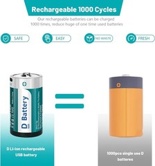 Rechargeable D Size Batteries 4 Pack with USB-C 4 in 1 Charging Cable, 1.5V L…