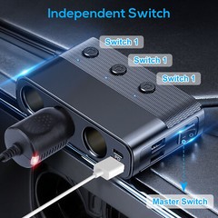 3 Way Car Cigarette Lighter Splitter with USB Fast Charger QC 3.0 & Type-C PD