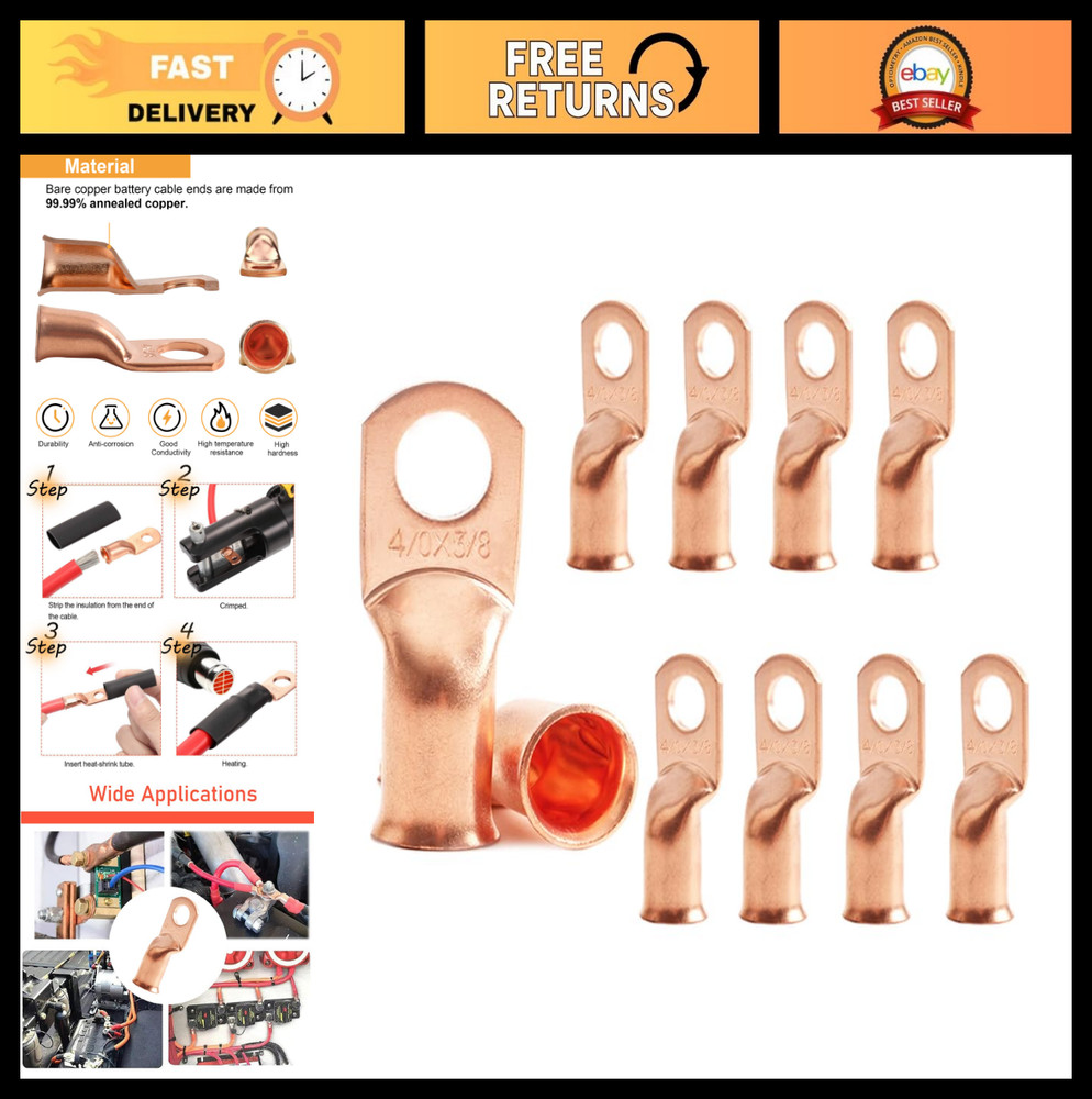 10pcs 4/0 AWG Copper Ring Terminals for Battery Cables, Heavy Duty Wire Lugs