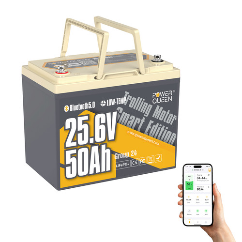 Used Power Queen 24V 50Ah Bluetooth LiFePO4 Lithium Battery for Trolling Motor