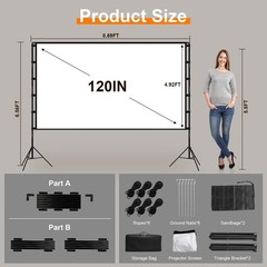 120″ Projector Screen w/ Stand 16:9 4K HD Rear Front Wrinkle-Free Portable