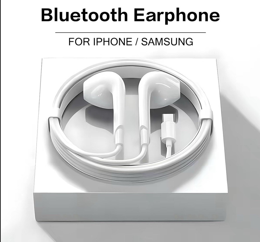 White USB-C Wired Earbuds with Built-In Mic Double Earpieces for IP 15 – 17