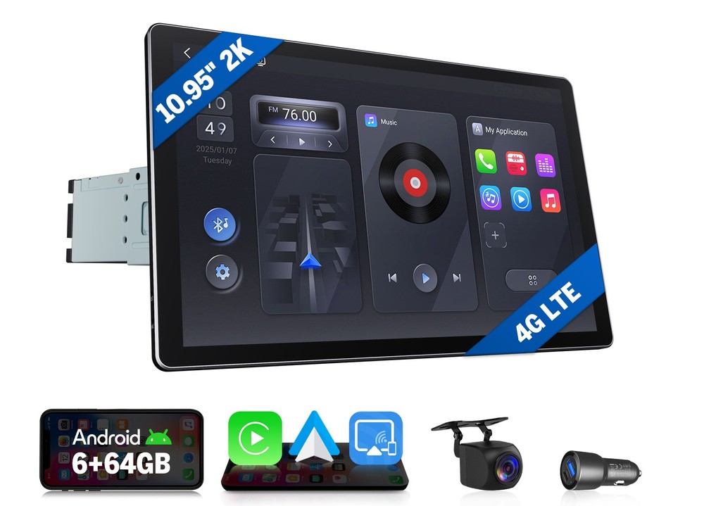 CAM+10.95″ 2K QLED 6+64 Android Auto Single DIN Car Stereo Head Unit CarPlay GPS