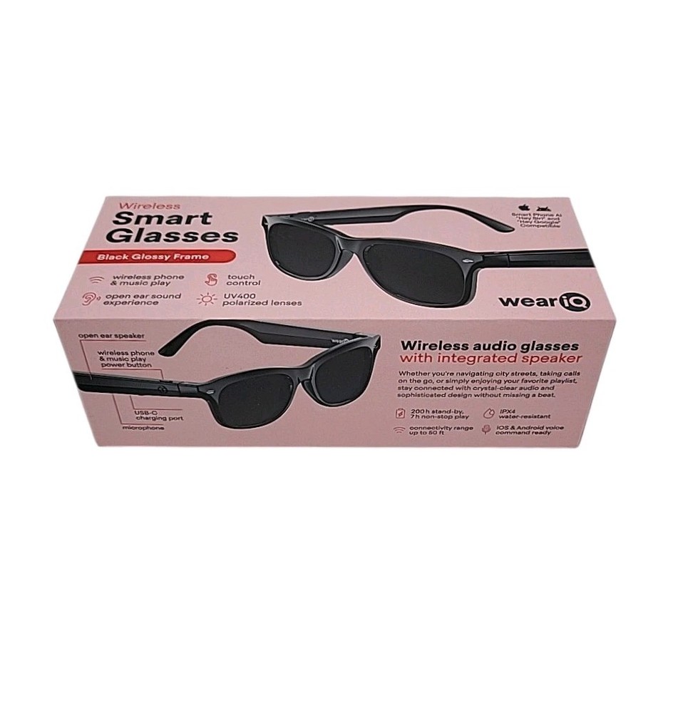 Wear IQ Smart Glasses Black Wireless Phone Music Play, Touch Control, UV400 NEW