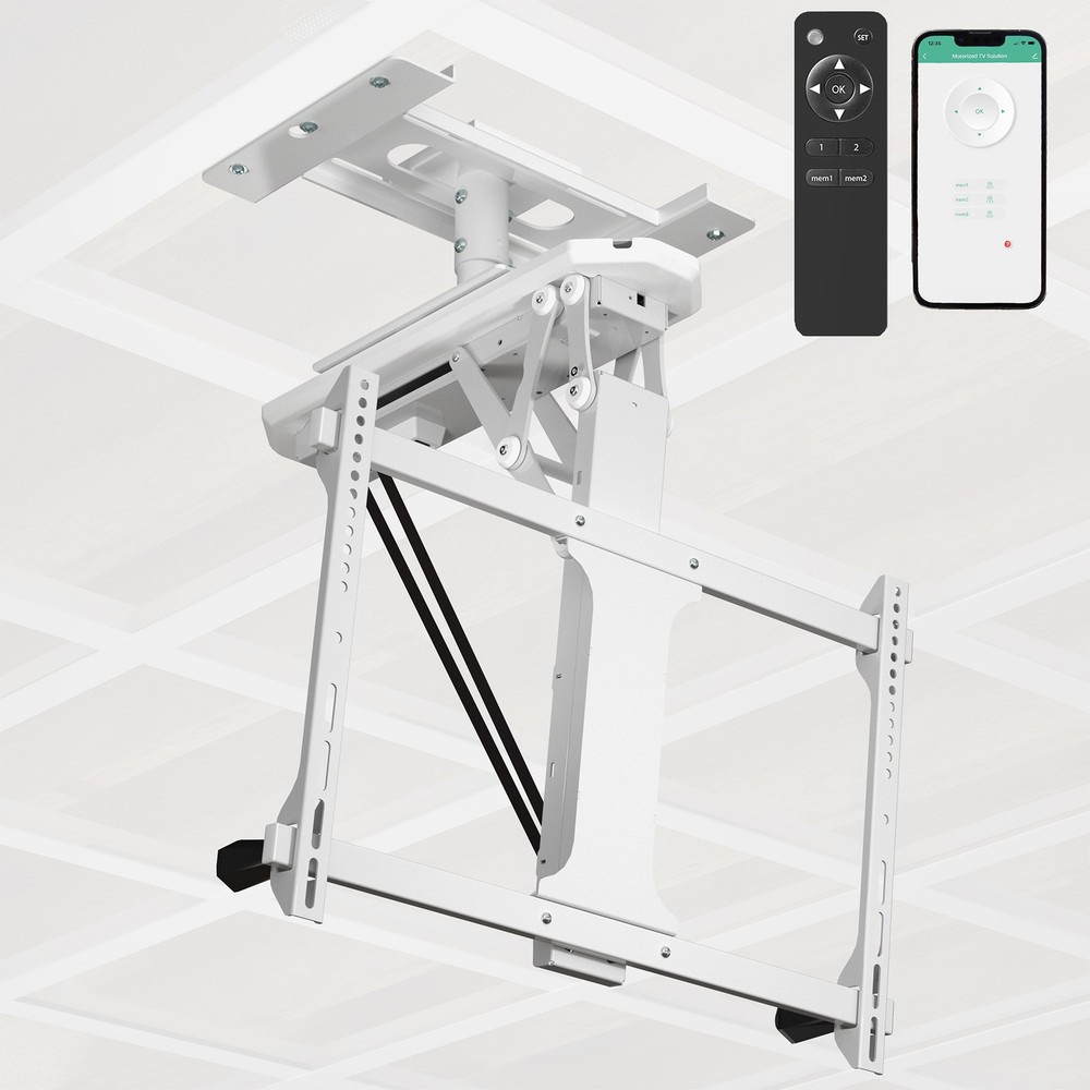 VIVO White Electric Motorized Flip Down Drop Ceiling TV Mount, 32″ to 70″ Screen