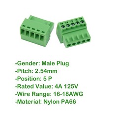 5 Pin 2.54mm Pitch Screw Terminal Block Pluggable Male Plug 10 PCS