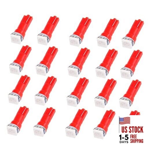 20 Pack T5 58 70 73 74 Dashboard Gauge 1-SMD 5050 LED Wedge Lamp Bulbs Red