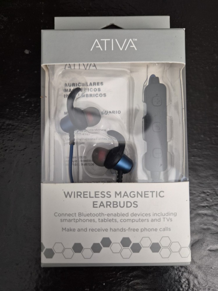NEW Ativa Wireless Magnetic Earbuds Blue Bluetooth Hands free phone calls, NIB
