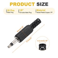 20Pcs 1/8″ 3.5mm TS Audio Male Mono Jack 1 Pole, Black