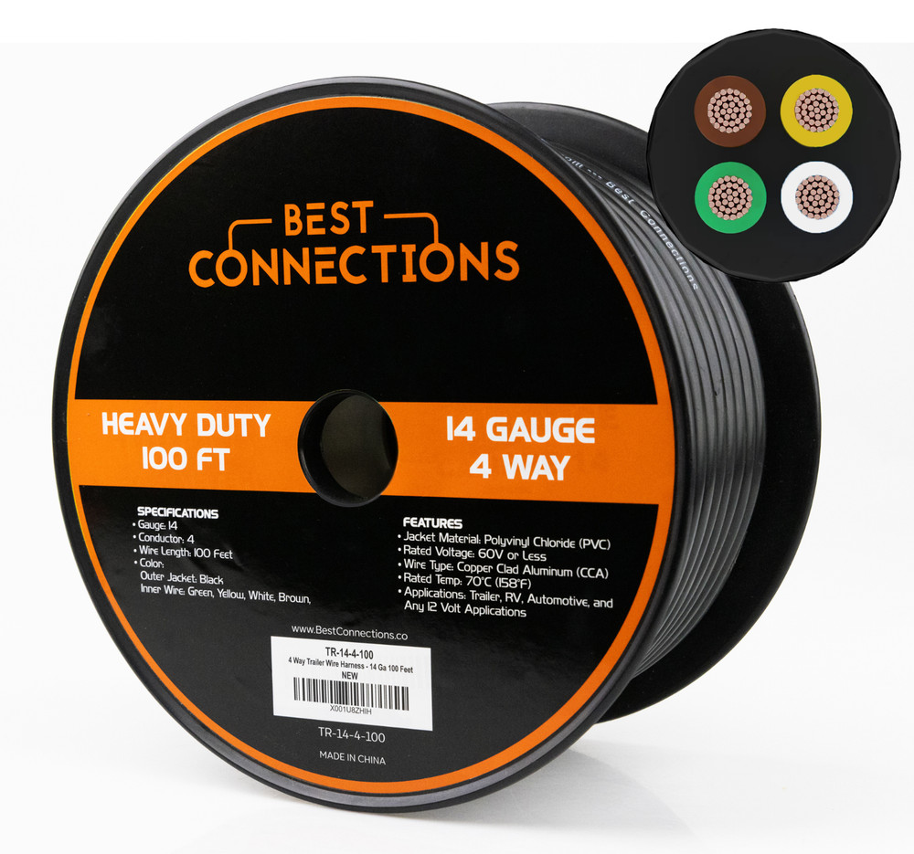 BEST CONNECTIONS 14 Gauge 4 Way Trailer Wire Durable, Weatherproof, Color-Coded