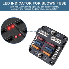 6 Way Fuse Block, 12V Marine Fuse Box with LED Indicator, Automotive 6-Circuit B