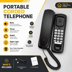 Black Wired Corded Landline Phone Desk Wall Mount Telephone Home Office Use