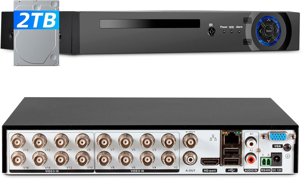 16 Channel H.265 DVR 1080p HD with Hard Drive 2TB for Security Camera System