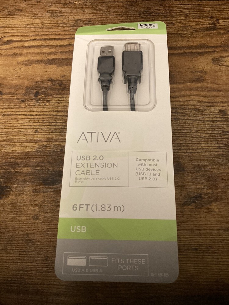 New In Box Ativa 828-655 USB 2.0 Extension Cable, 6’, Black