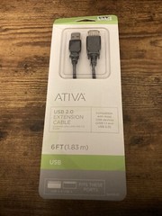 New In Box Ativa 828-655 USB 2.0 Extension Cable, 6’, Black