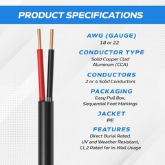 Outdoor Alarm Cable 500ft Solid CL2 Rated 18 22 AWG 2/4 Conductors CCA Security