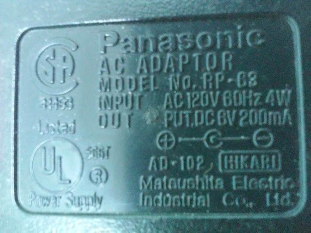 Panasonic RP-68 AC Adaptor 6VDC 200mA