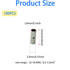100PCS 22-18 AWG Non Insulated Butt Connectors, Seamless Bare Copper Crimp Splic