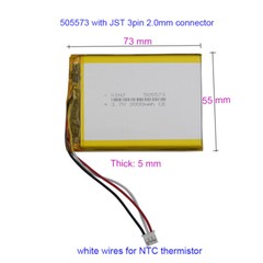 3.7V 3000mAh 11.1Wh Li-polymer Li Battery 505573 Thermistor 3-Wires JST 3pin 2.0