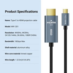 Acasis 4.9ft USB-C to HDMI Cable 4K@60Hz Braided Nylon & Aluminum Shell