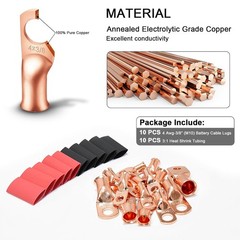 20PCS 4 AWG Gauge Copper Lugs w/ BLACK & RED Heat Shrink End Ring Terminals Wire