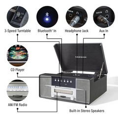 CR7016A-BK Rhapsody 7-in-1 Bluetooth 3-Speed Vinyl Record Player Turntable, C…