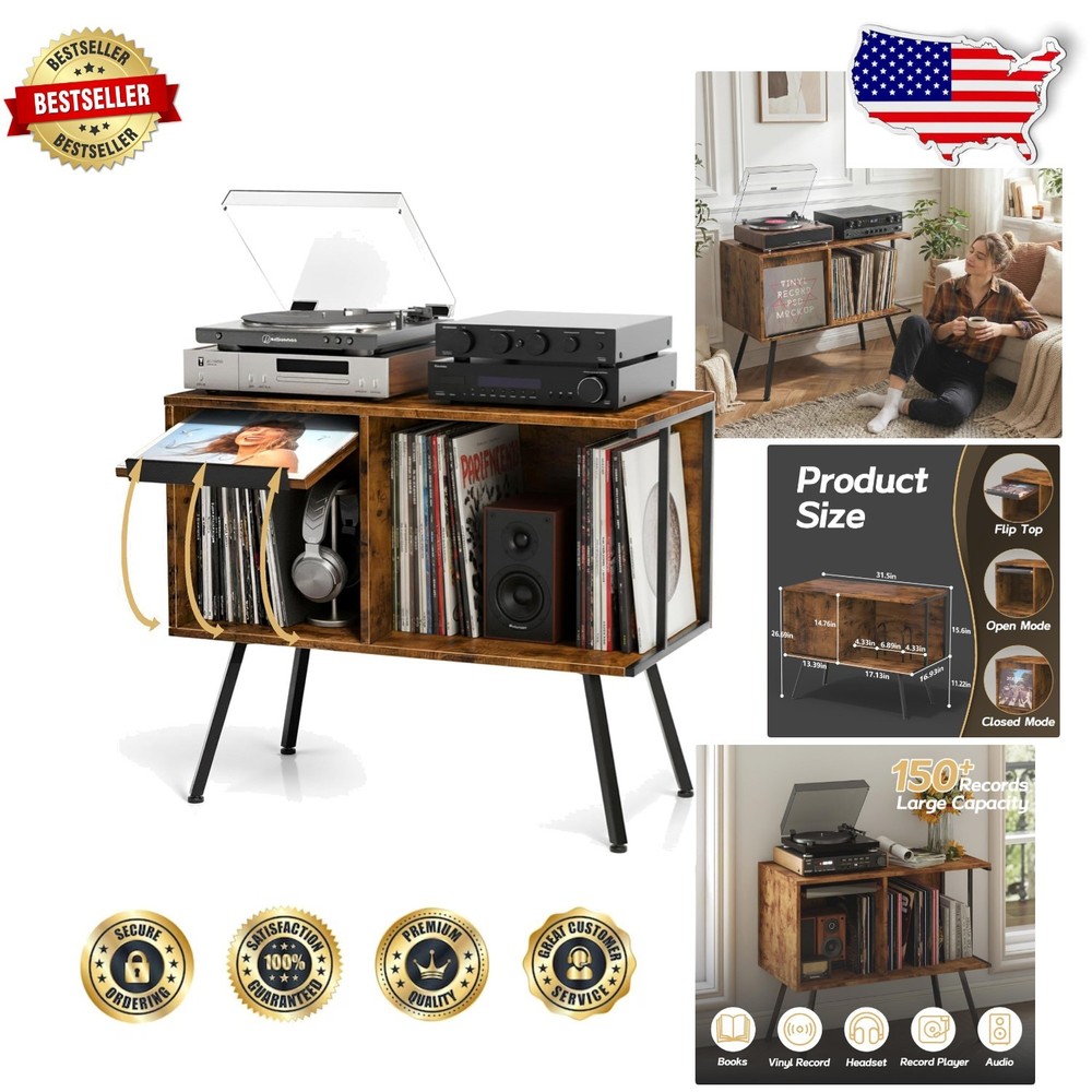 Rustic Flip Top Record Player Stand, 150+ Album Storage, Mid Century Turntabl…