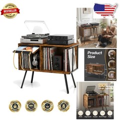 Rustic Flip Top Record Player Stand, 150+ Album Storage, Mid Century Turntabl…