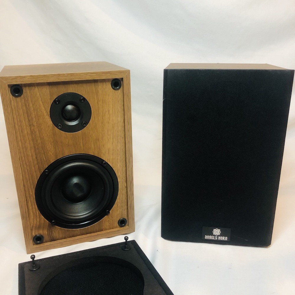 Angel’s Horn Bookshelf Speakers Wood Grain Pair Tested & Working 18W 4ohm