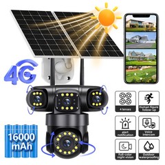 4G SIM 16MP 4 Lens Solar Battery Powered Home Security Camera Outdoor CCTV PTZ