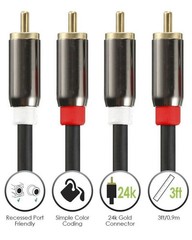 3FT 6FT 24k Gold Plated RCA Male L/R Stereo Audio Cable Cord Plug
