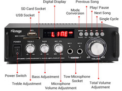 Amplificador Bluetooth 5.0 de 2 canales con USB, FM, RCA y mando a distancia.
