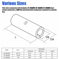 200x Copper Bare Wire Splice Terminals Ferrule Butt Crimp Connectors 22-10 AWG