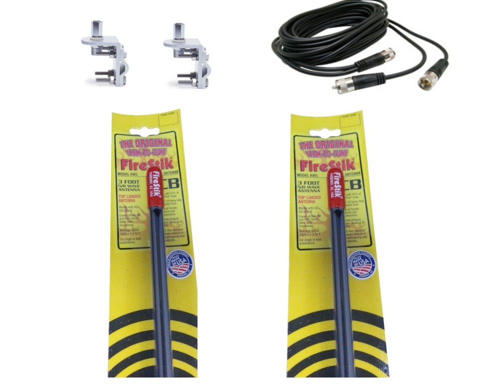 NEW 2 FIRESTIK 2 KW3 B 3FT BLACK CB ANTENNAS, 18FT DUAL COAX, BRACKETS & STUDS