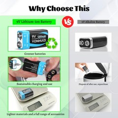 4-Count 9 Volt Battery 9V Block Rechargeable Batteries 1300mAh F smoke detectors