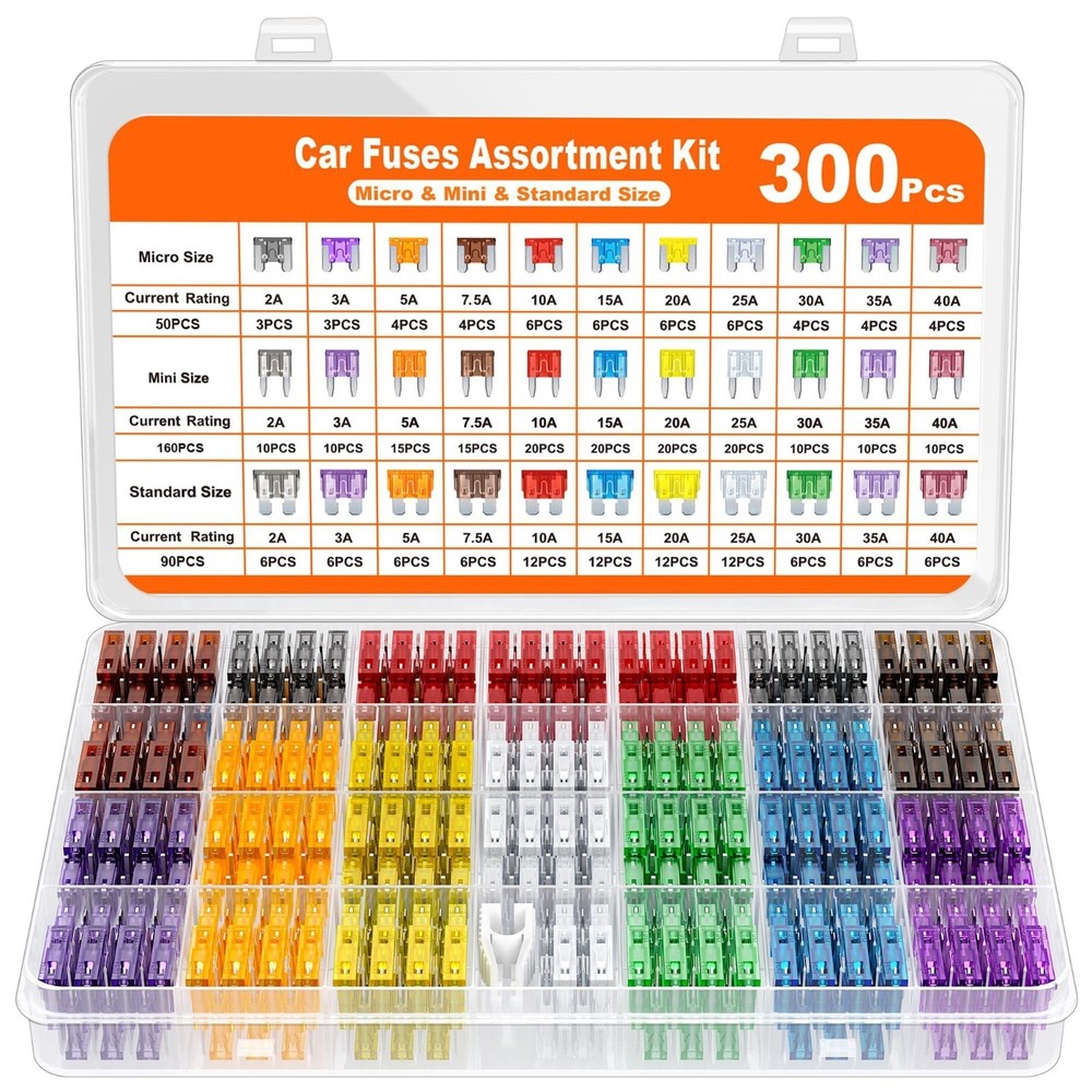 300Pcs Car Fuse Assortment Kit, 160 Mini + 90 Standard + 50 Micro Blade Fuses