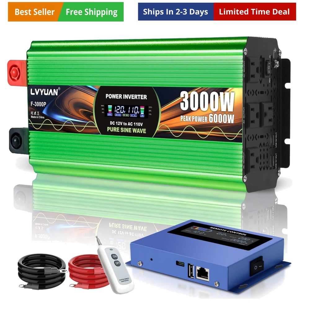 3000 Watt Pure Sine Wave Power Inverter, DC 12V to 110V Inverter with 2 AWG B…