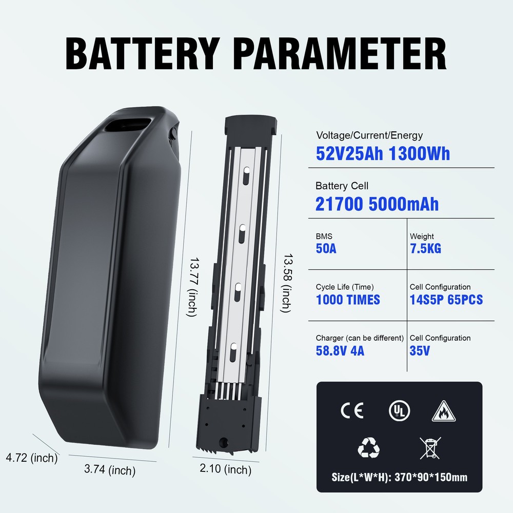 52V 25Ah Hailong Lithium Battery 50A BMS 100W-2500W with Samsung Cells