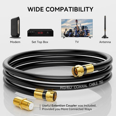 RG6 Coaxial Cable, 3FT 6FT 10FT 15FT 25FT 50FT 100FT Coax Cable Cord with Gold F